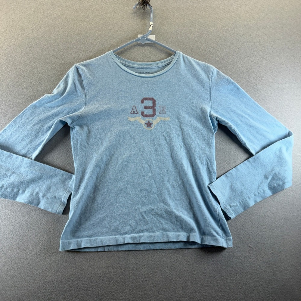 American Eagle Outfitters Blue Graphic Long Sleeve Slim Fit Cotton Tee Medium